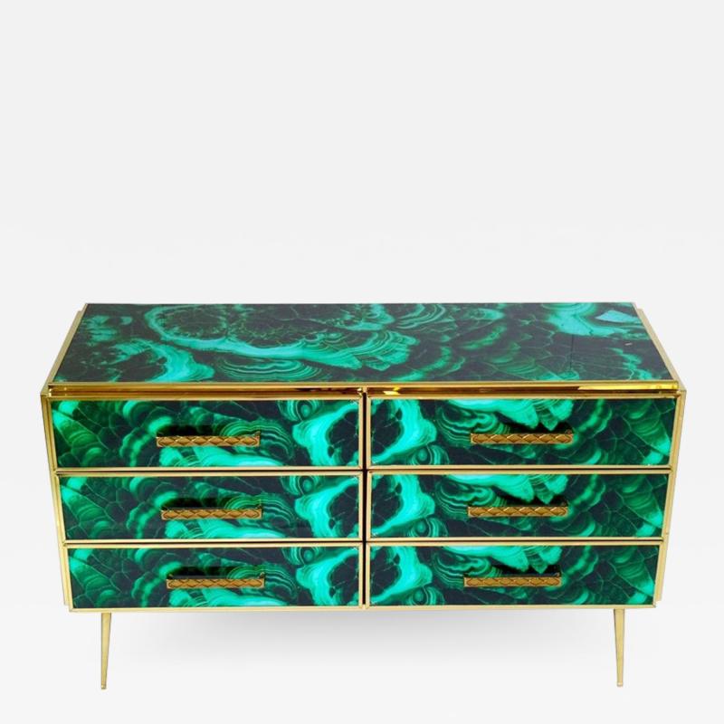 Midcentury Style Brass and Malachite Colored Murano Glass Commode 2020