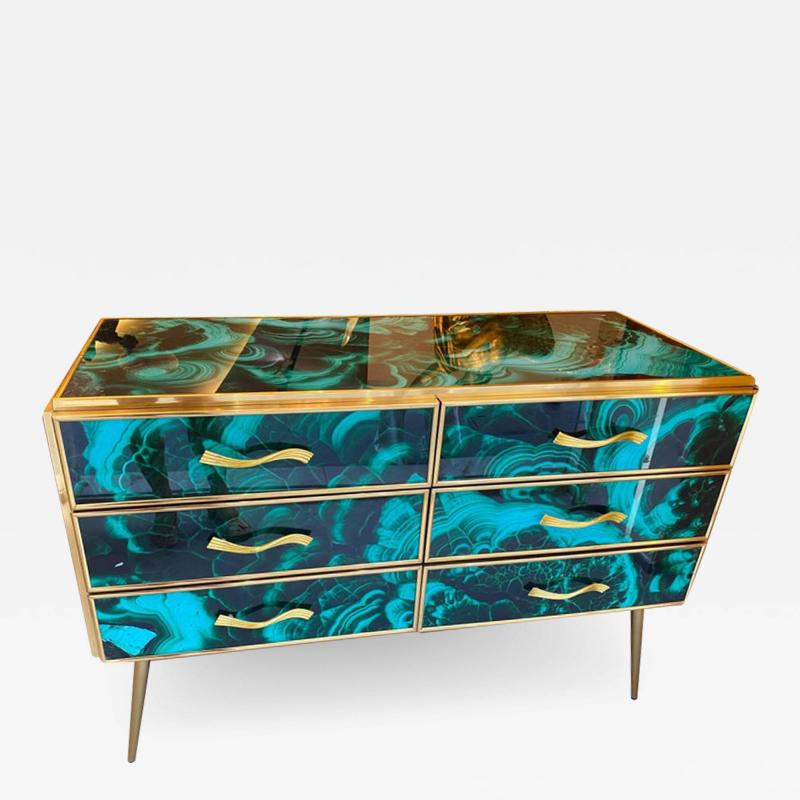 Midcentury Style Brass and Malachite Colored Murano Glass Commode 2020