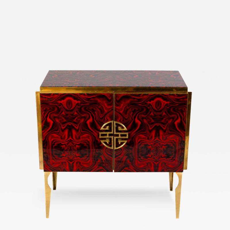 Midcentury Style Brass and Red Fantasy Murano Glass Bar Cabinet 2020