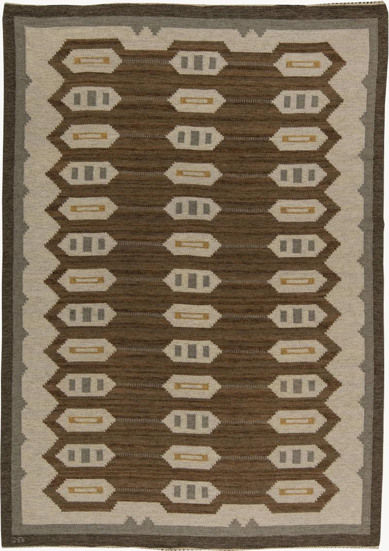 Midcentury Swedish Brown Gray and Beige Flat Woven Wool Rug