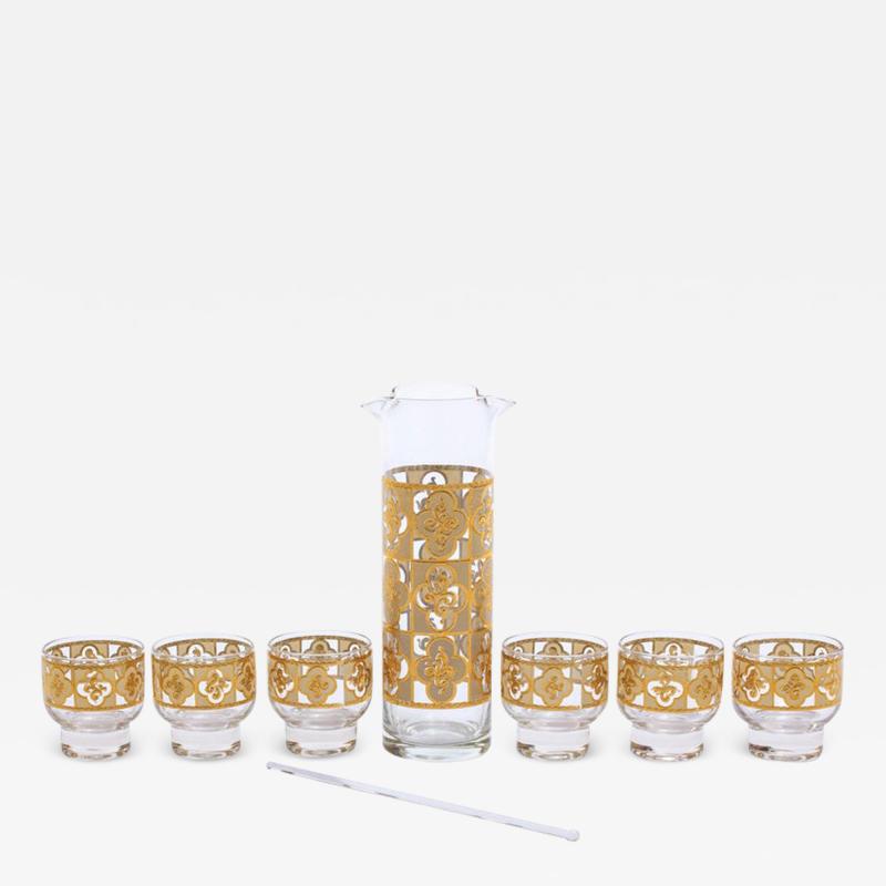 Midcentury Tudor Style 22 Karat Gold Cocktail Mixer and Set of 6 Glasses
