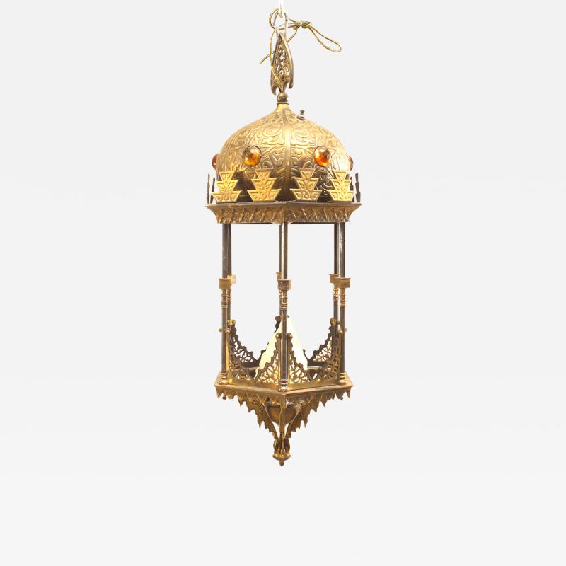 Middle Eastern Style Jeweled Brass Hanging Lantern