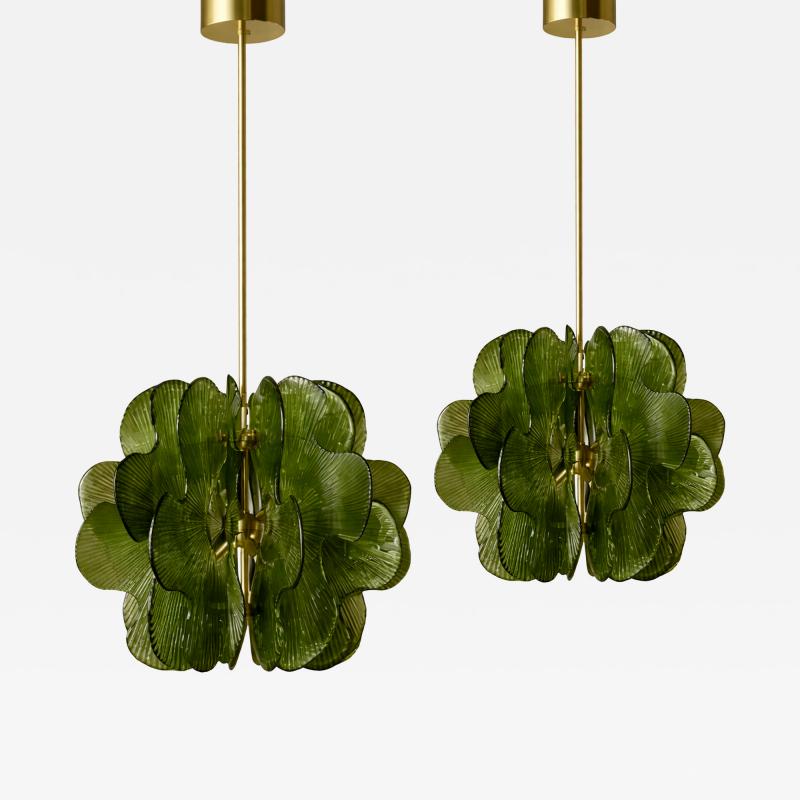 Midmodern Style Italian Brass Pendant Lamps with Bright Green Murano Glass Slabs