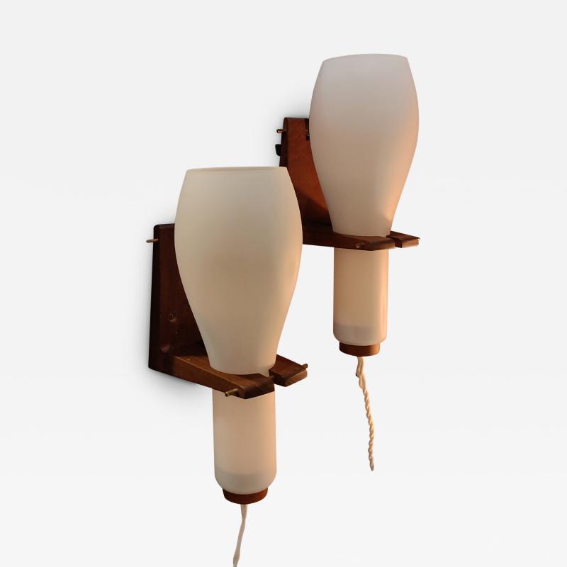 Milk Glass and Teak Wall Lights by Philips Netherlands 1960s