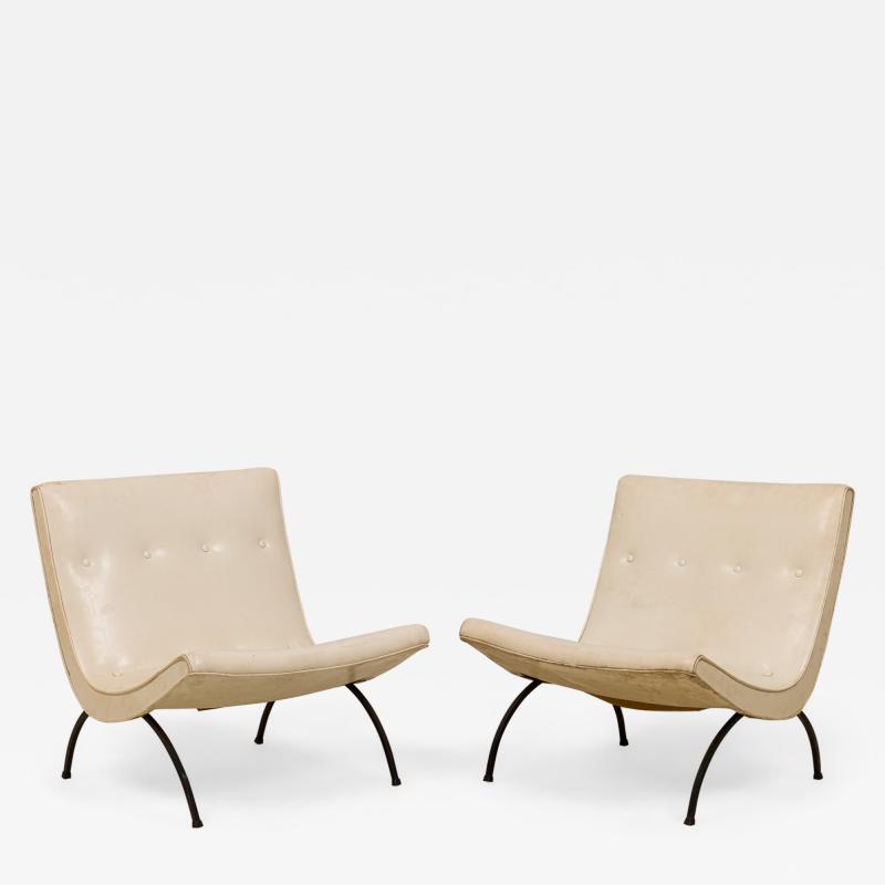 Milo Baughman American Milo Baughman White Button Tufted Vinyl and Iron Scoop Side Chairs