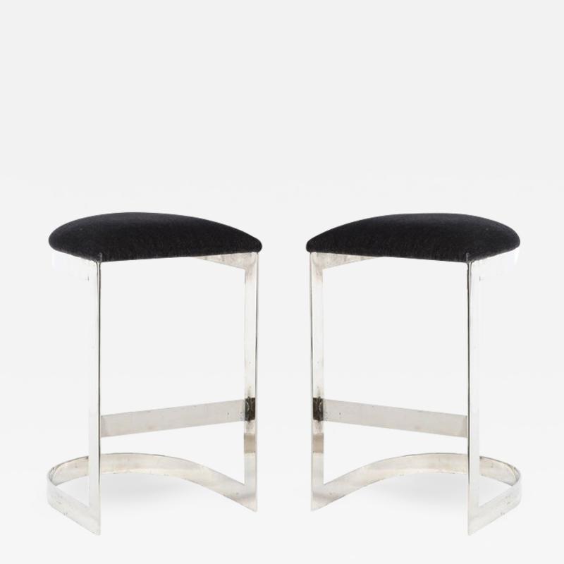 Milo Baughman Chrome Banded Bar Stools in Smoked Pewter Velvet Manner of Milo Baughman
