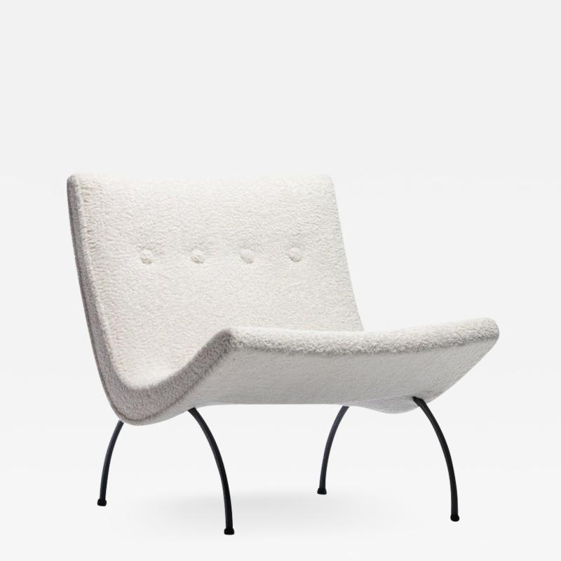Milo Baughman EARLY MILO BAUGHMAN SCOOP CHAIR WITH IVORY SHEARLING UPHOLSTERY AND IRON LEGS