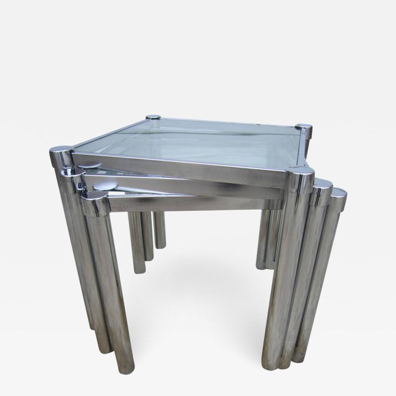 Milo Baughman Fun Set of Milo Baughman Style Square Chrome and Glass Stacking Nesting Tables