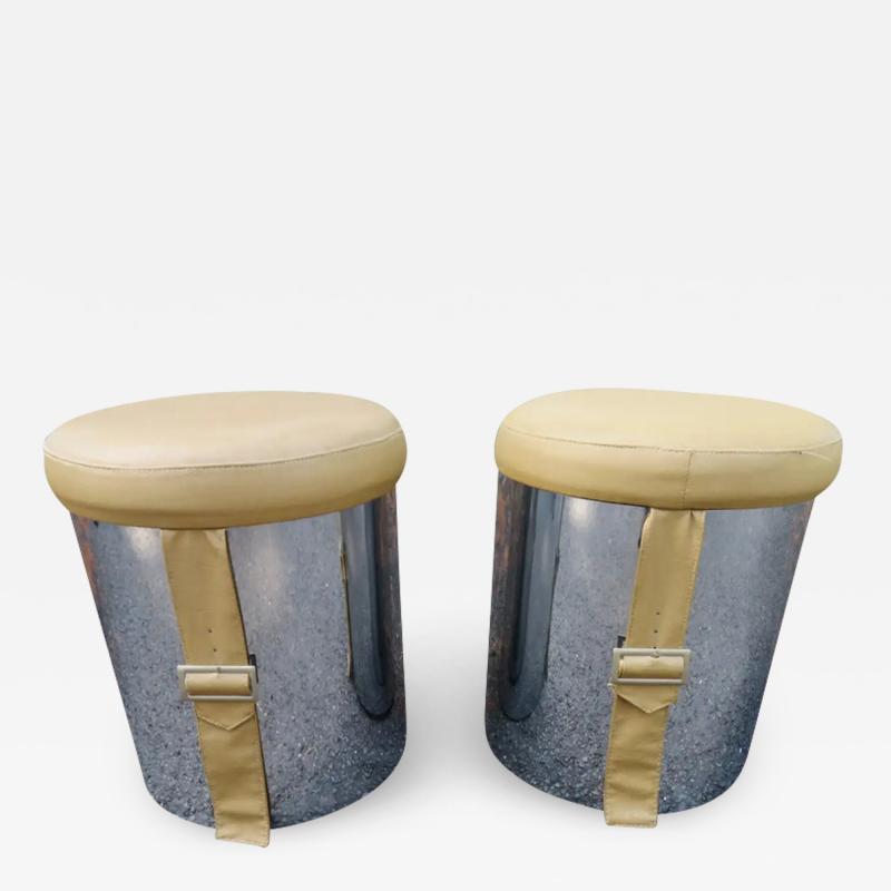 Milo Baughman Handsome Pair Milo Baughman Style 1960s Chrome Cylinder Stool Ottoman Midcentury