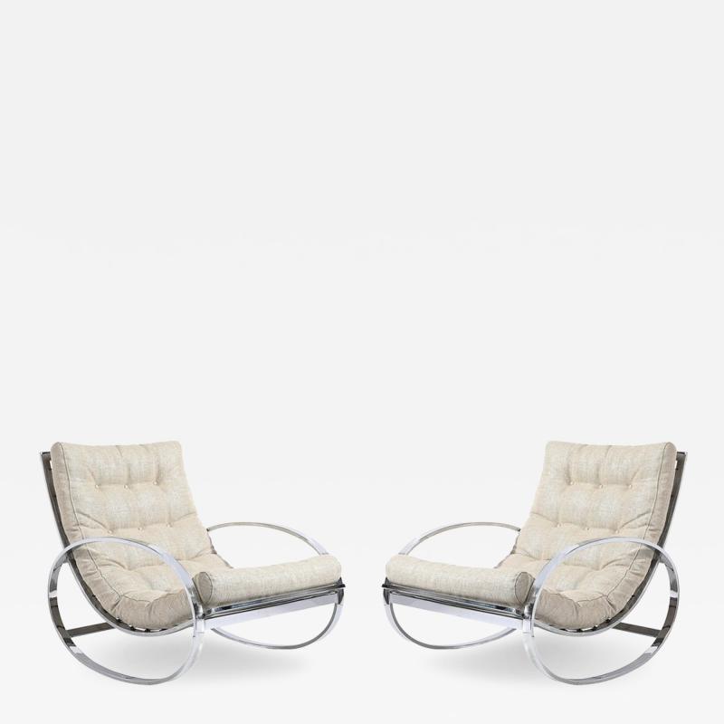 Milo Baughman Mid Century Chrome Rocking Lounge Chairs w Button Detailing by Milo Baughman