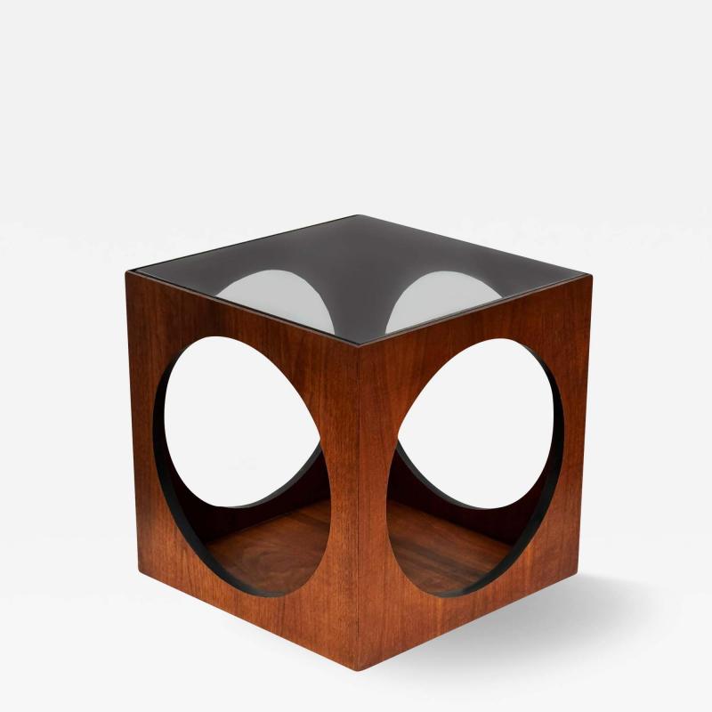 Milo Baughman Mid Century Modern Geometric Cube Walnut Glass End Table or Side Drinks Tables