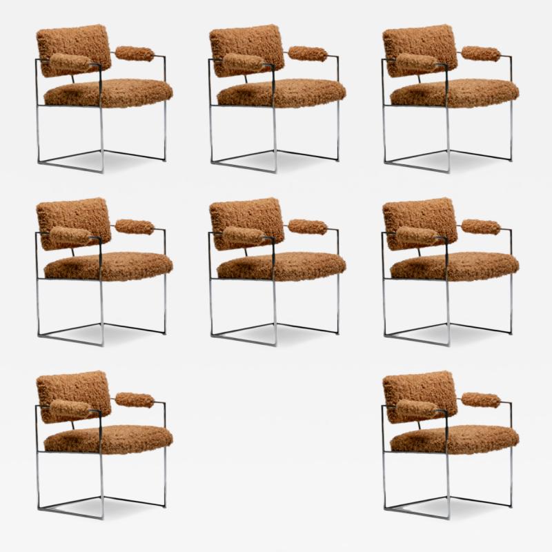 Milo Baughman Milo Baughman 1970s Set of 8 Chrome Dining Arm Chairs in New Camel Teddy Fabric