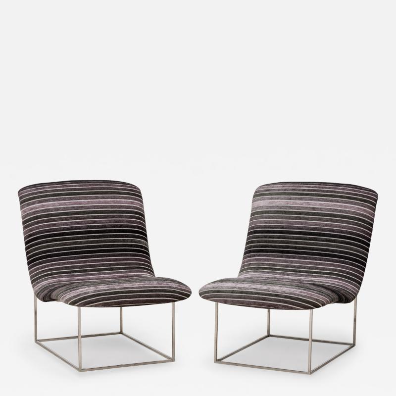 Milo Baughman Milo Baughman American Chrome and Black Gray Striped Upholstery Chairs