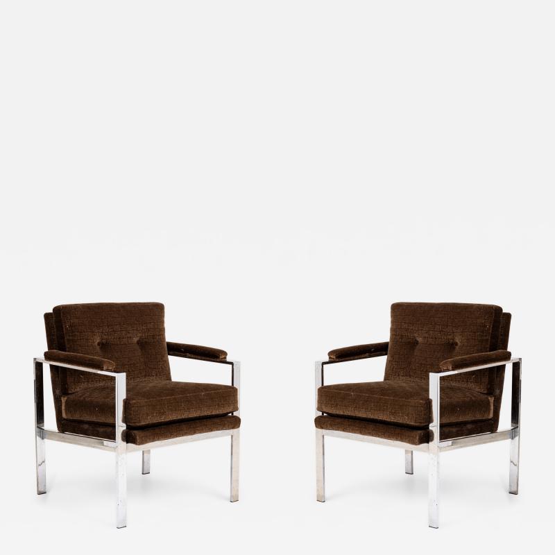 Milo Baughman Milo Baughman American Flat Chrome Bar and Brown Fabric Upholstered Armchairs