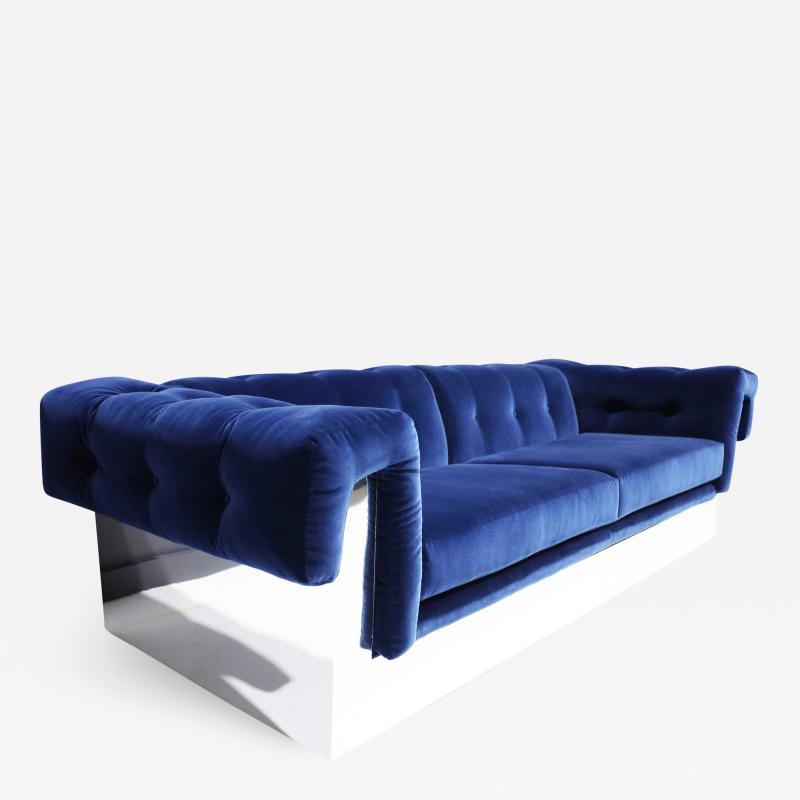 Milo Baughman Milo Baughman Button Tufted Chrome Sofa in a French Blue Velvet