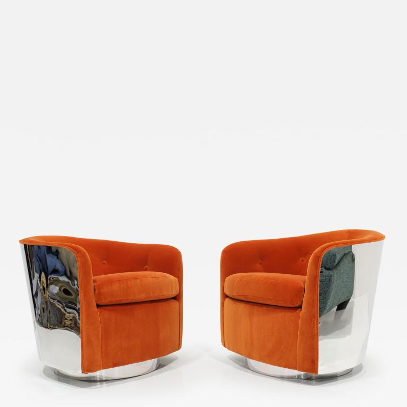 Milo Baughman Milo Baughman Chrome Frame Swivel Chairs in Bright Mohair Velvet