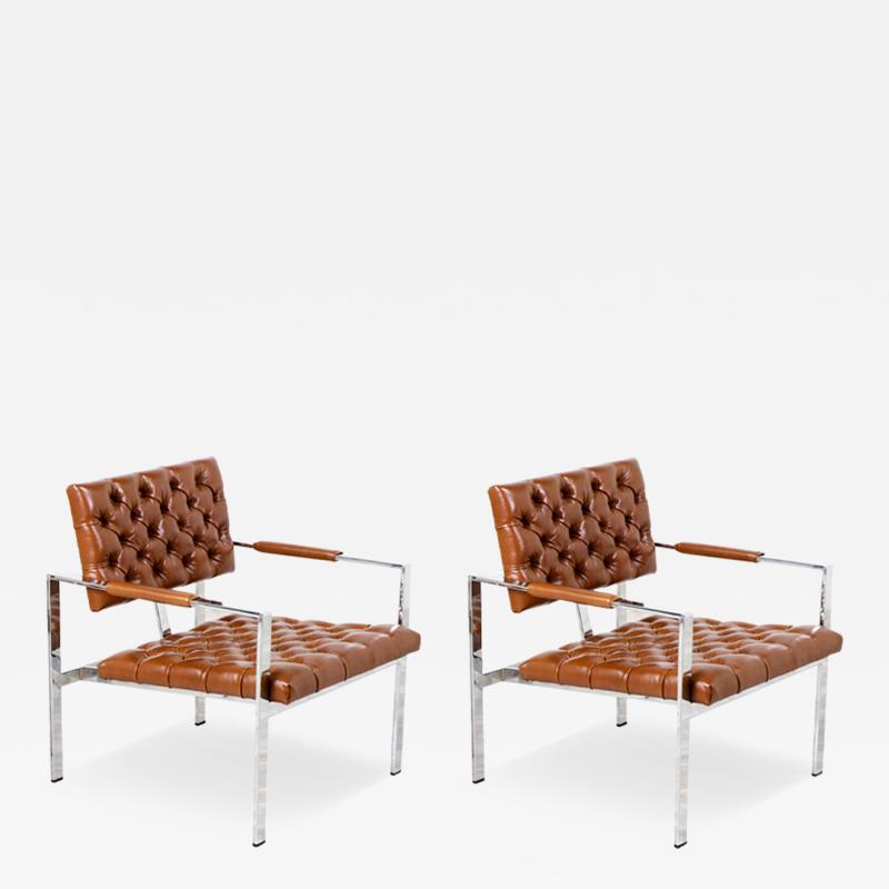 Milo Baughman Milo Baughman Cognac Leather Chrome Lounge Chairs for Thayer Coggin