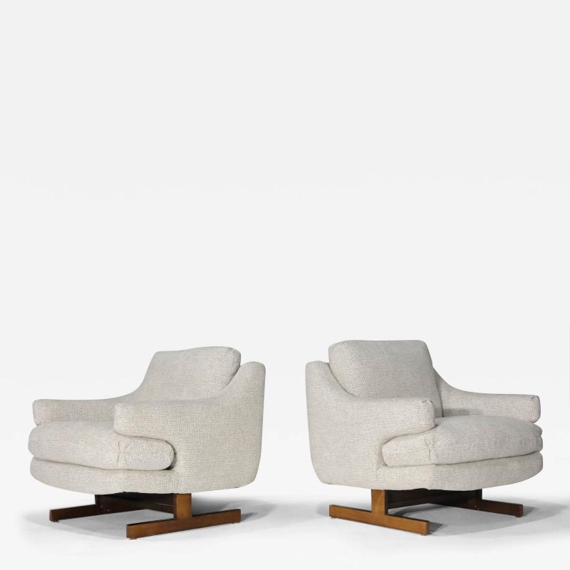 Milo Baughman Milo Baughman Lounge Chairs with T Leg Walnut Base and New Upholstery