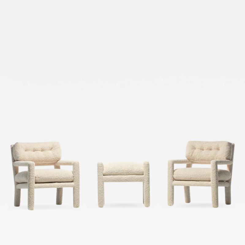 Milo Baughman Milo Baughman Parsons Style Ivory Boucl Chairs with en suite Ottoman c 1970s