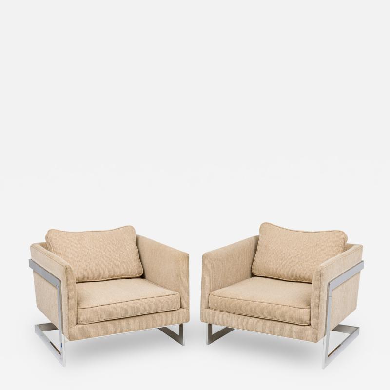 Milo Baughman Milo Baughman Thayer Coggin Beige Upholstery Chrome Floating Cube Armchairs