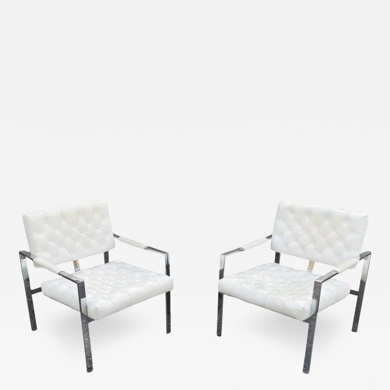 Milo Baughman Milo Baughman Thayer Coggin Pair Diamond Tufted Vinyl Chrome Frame Lounge Chairs