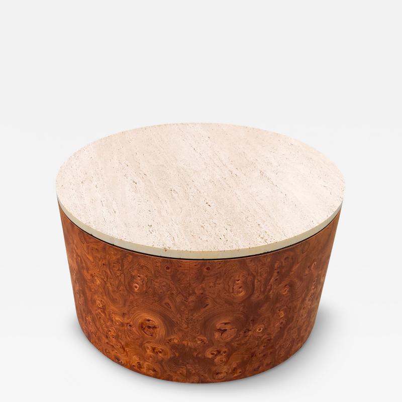 Milo Baughman Milo Baughman for Thayer Coggin Ash Burl Travertine Drum Coffee Table