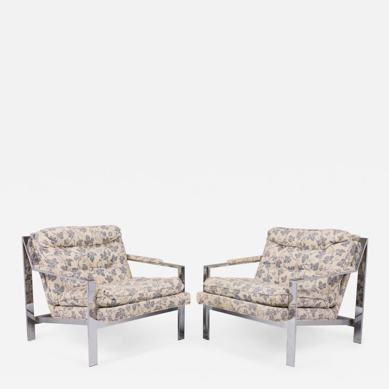 Milo Baughman Milo Baughman for Thayer Coggin Chrome and Floral Fabric Flat Bar Armchairs