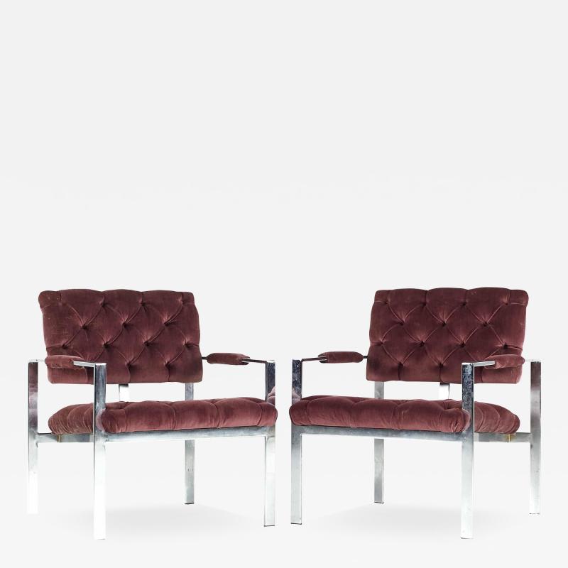 Milo Baughman Milo Baughman for Thayer Coggin Mid Century Chrome Tufted Arm Chairs Pair