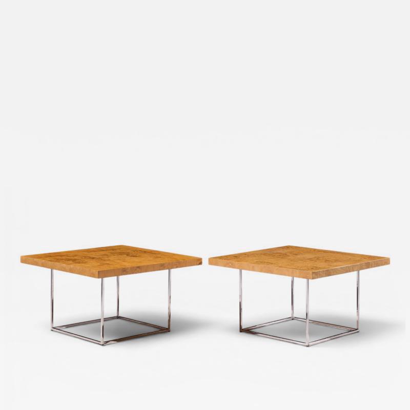 Milo Baughman Milo Baughman for Thayer Coggin Style Burlwood and Chrome Side Tables Pair