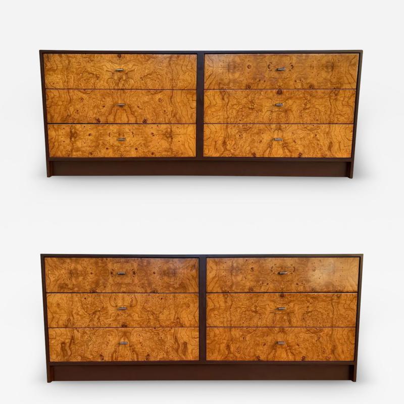 Milo Baughman Milo Bauhgman Attribution Pair Olive Burl Brown Enamel Dressers Six Drawers MCM