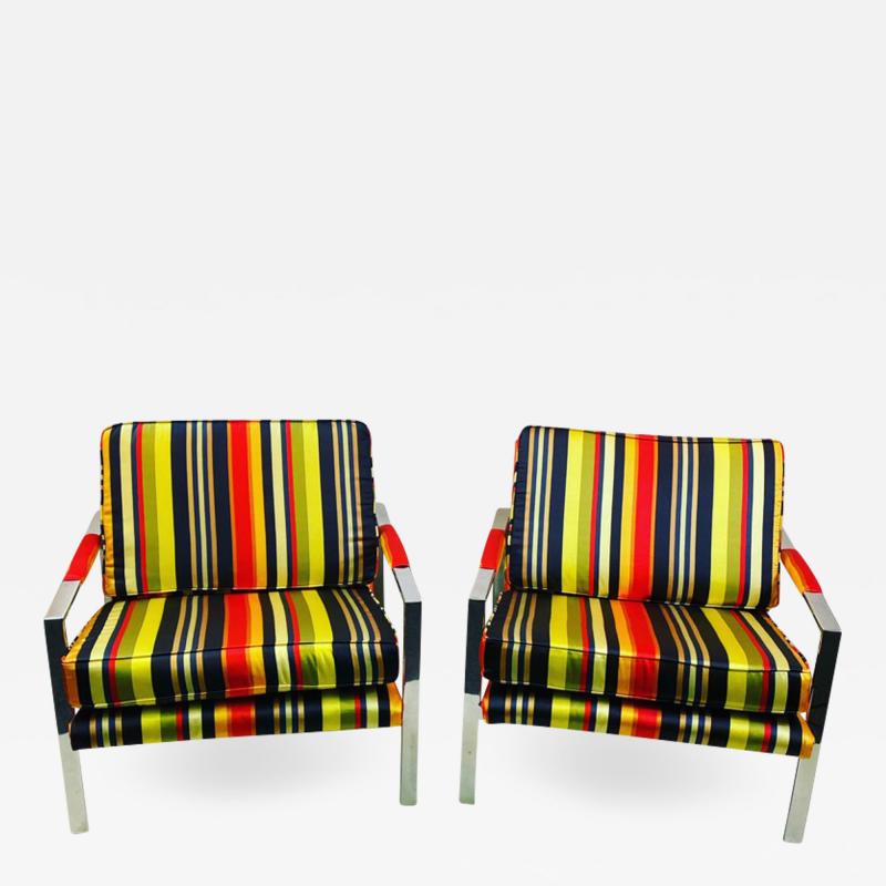 Milo Baughman PAIR OF MILO BAUGHMAN CHAIRS IN HIGH END STRPIED FABRIC