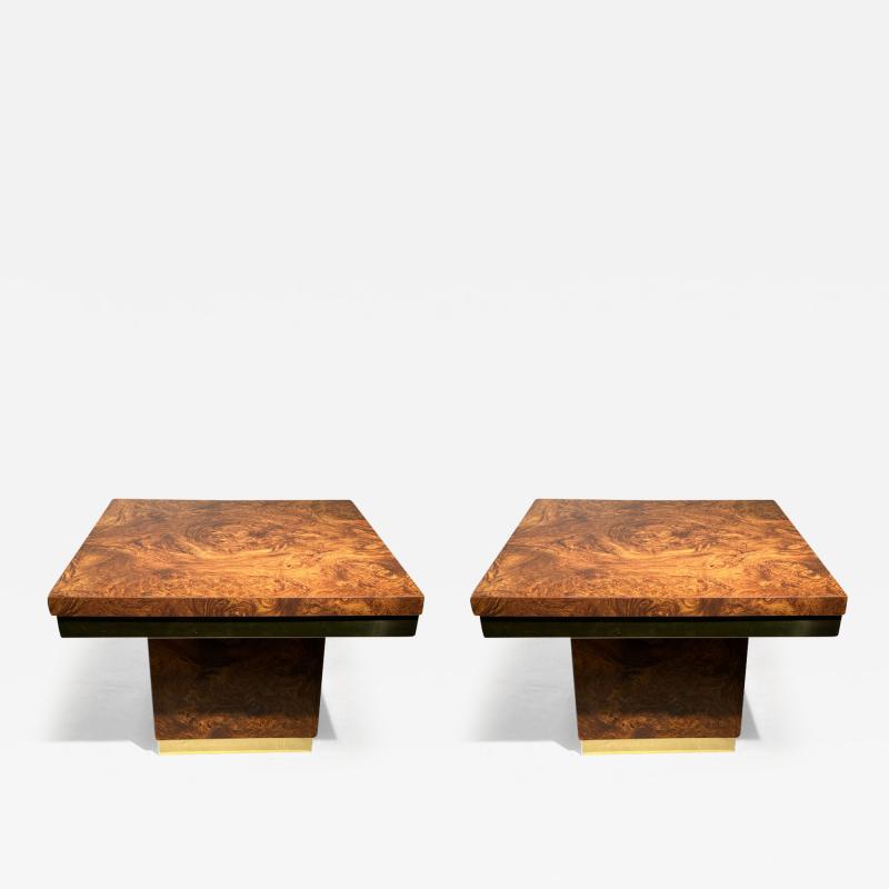 Milo Baughman PAIR OF MODERN BURLWOOD LAMINATE AND BRASS SIDE TABLES