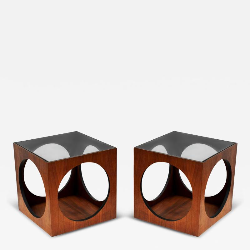 Milo Baughman Pair MCM Baughman Geometric Cube Walnut Glass End Table or Side Drinks Tables