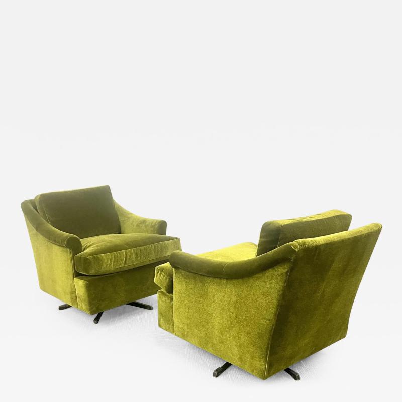 Milo Baughman Pair Mid Century Modern Swivel Arm Lounge Chairs Olive Green Velvet American