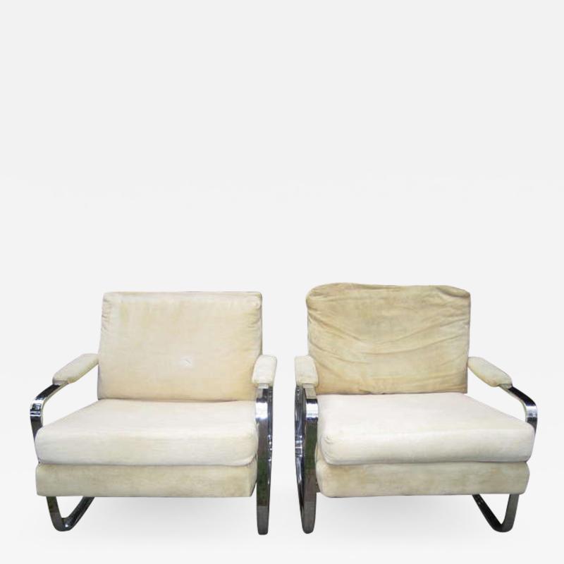 Milo Baughman Pair Rounded Polished Steel Flat Bar Frame Lounge Chairs Milo Baughman