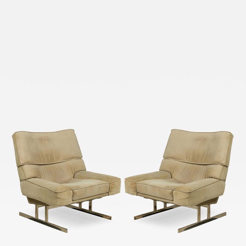 Milo Baughman Pair of Large Milo Baughman Chrome and suede Club Chairs