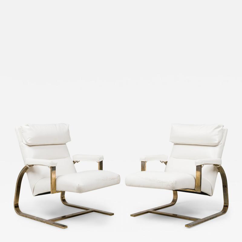 Milo Baughman Pair of Milo Baughman Brass White Leather Upholstered Arm Chairs