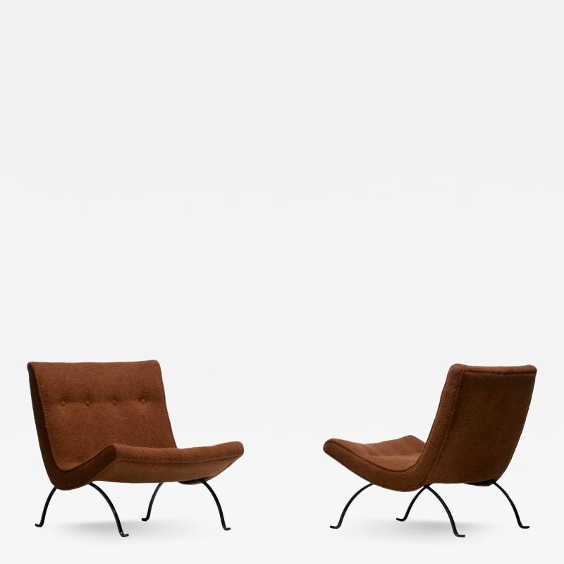 Milo Baughman Pair of Milo Baughman Scoop Chairs in Chocolate Boucl with Iron Legs c 1950s