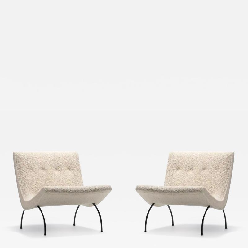 Milo Baughman Pair of Milo Baughman Scoop Chairs in Ivory Boucl with Iron Legs c 1950s