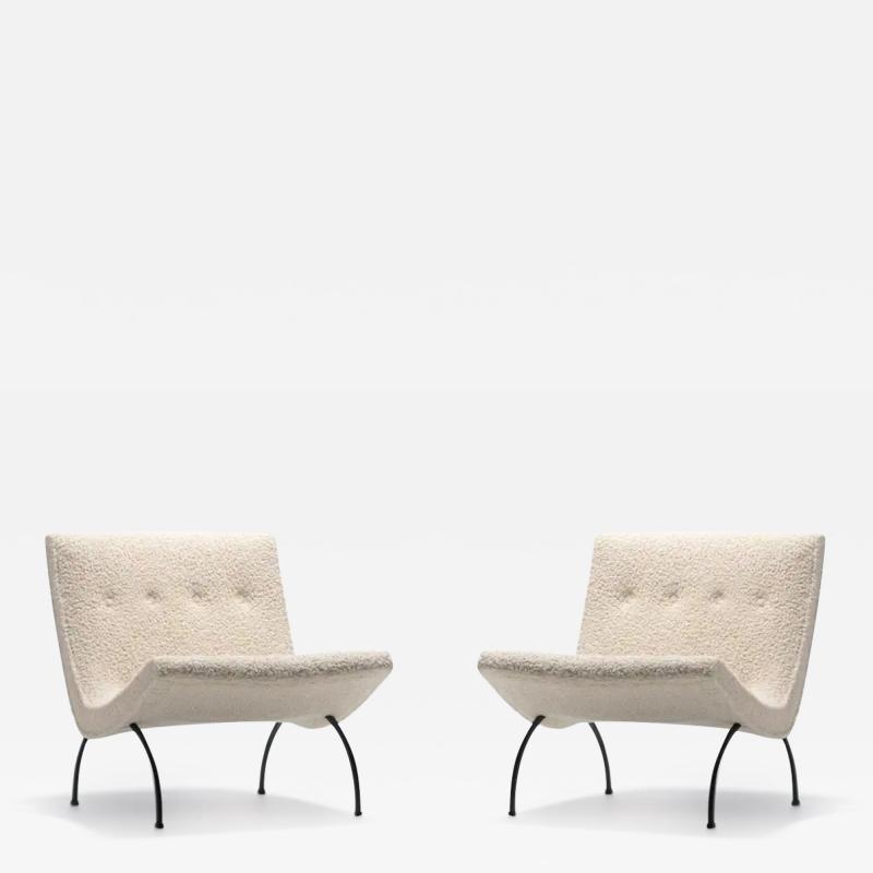 Milo Baughman Pair of Milo Baughman Scoop Chairs in Ivory Boucl with Iron Legs c 1950s