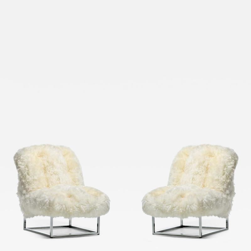 Milo Baughman Pair of Milo Baughman Style Sheepskin Chrome Slipper Chairs c 1970s