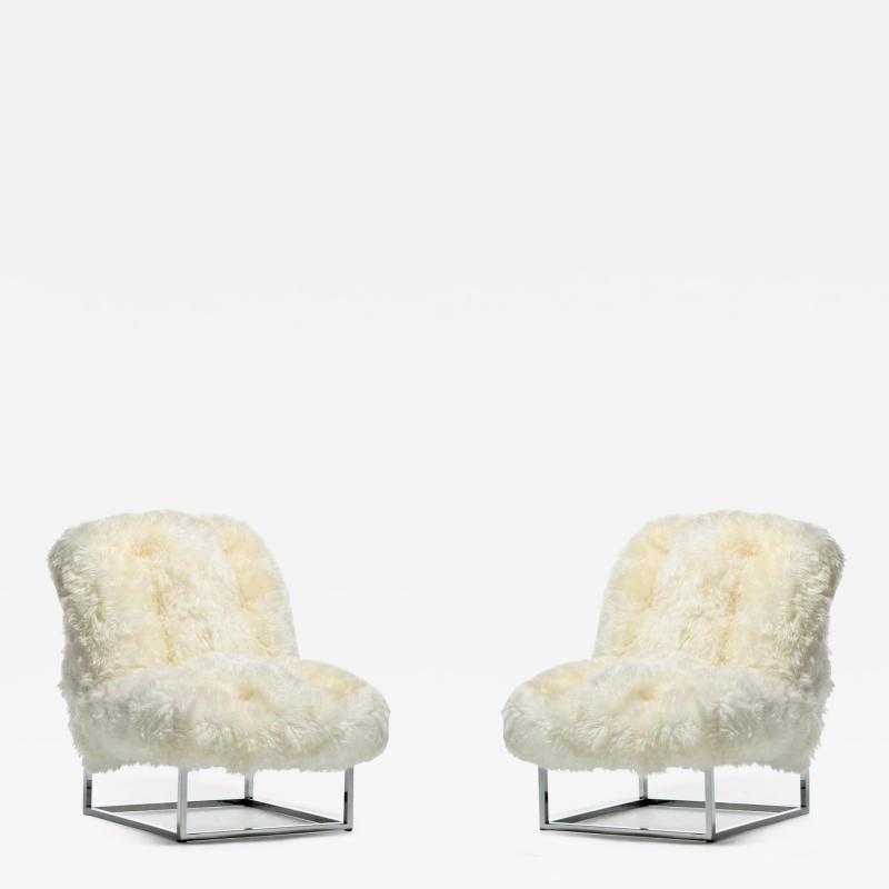 Milo Baughman Pair of Milo Baughman Style Sheepskin Chrome Slipper Chairs c 1970s