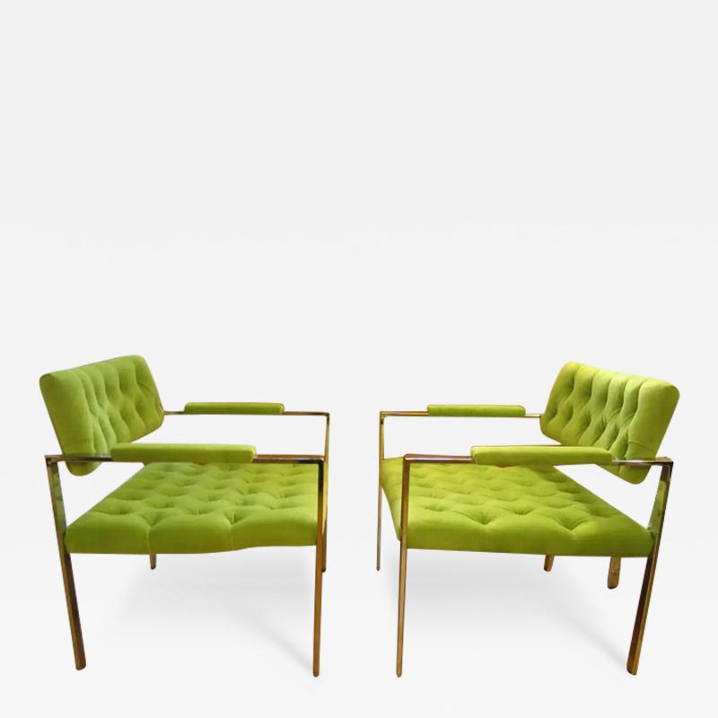 Milo Baughman Stunning Pair Mid Century Modern Tufted Chrome Flat Bar Lounge Chairs