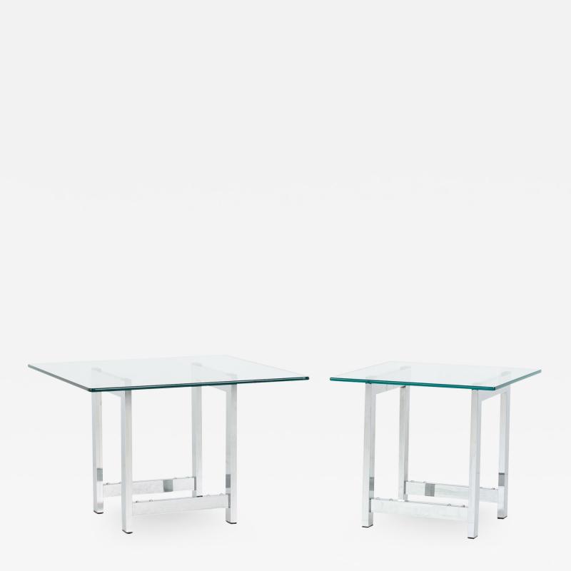 Milo Baughman Style Mid Century Chrome and Glass Side End Tables Pair