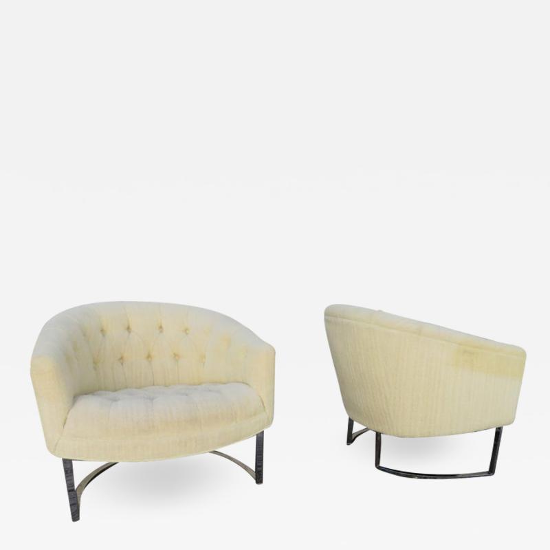 Milo Baughman Wonderful Pair of Milo Baughman Style Tufted Barrel Back Chrome Tub Chairs