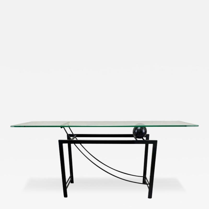 Minimalist Sculptural Geometric Metal Base Console with Marble Glass Top