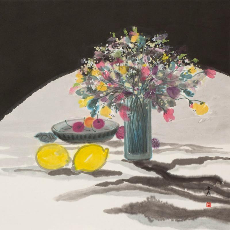Minol Araki Table with Flower Vase Platter of Cherries and Lemons 1977