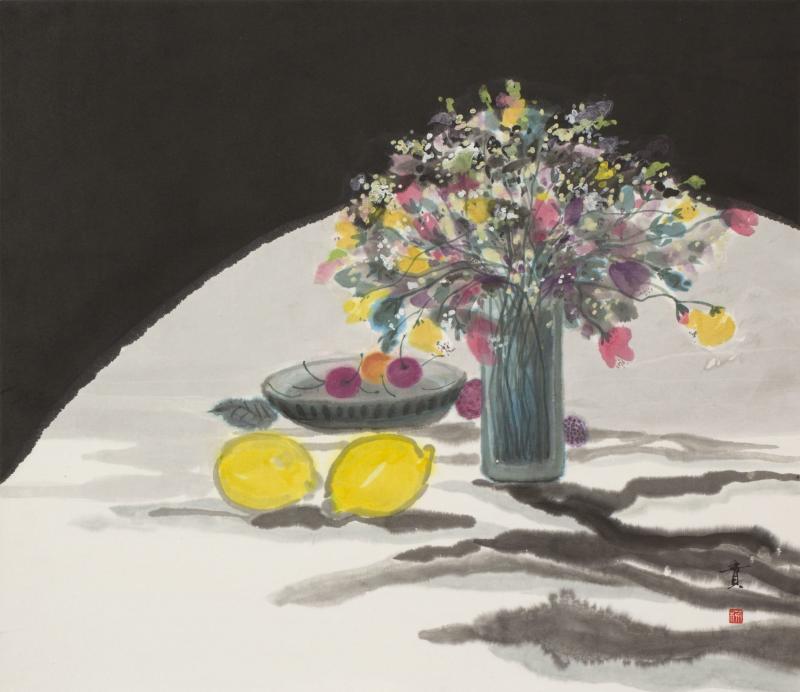 Minol Araki Table with Flower Vase Platter of Cherries and Lemons 1977