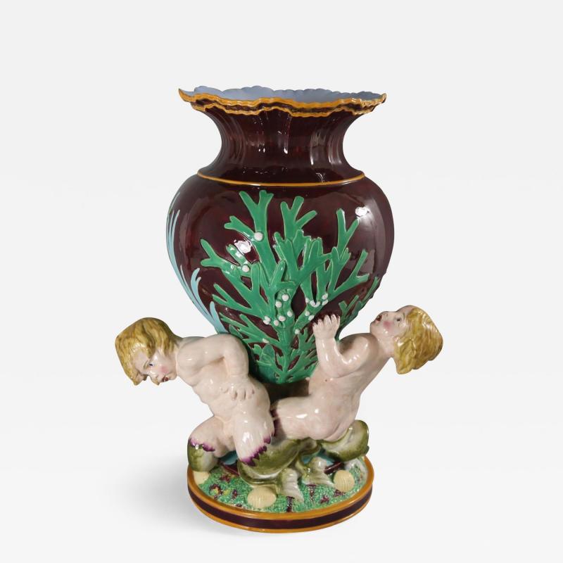 Minton Majolica Marine Vase with Merboys