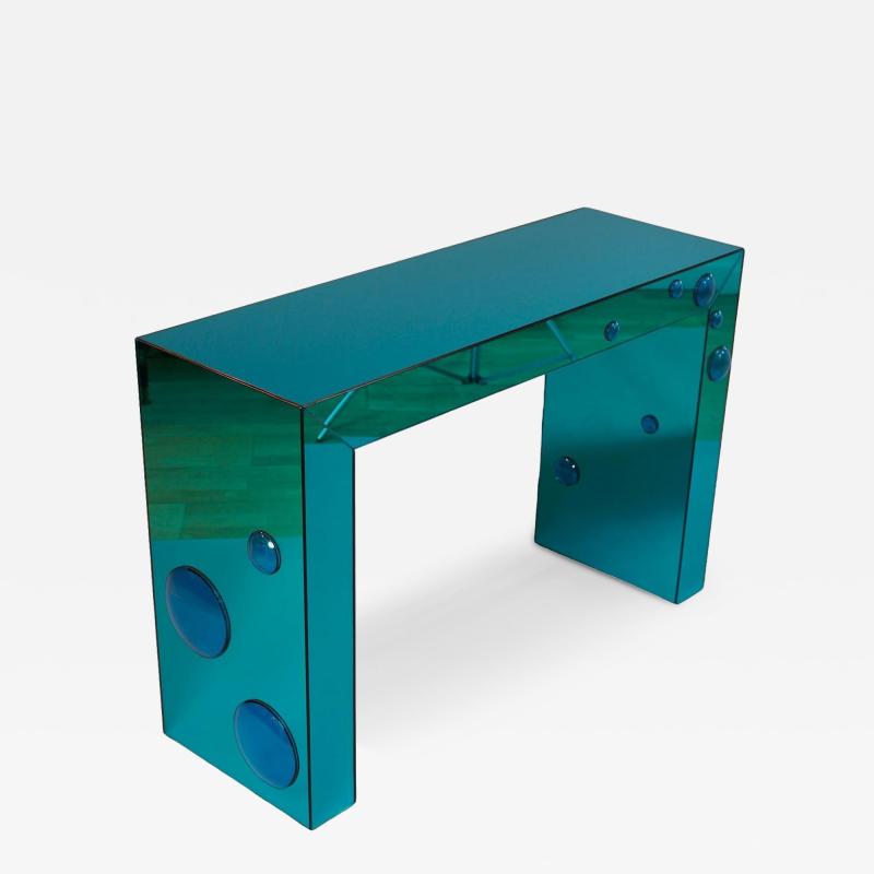 Mirrored Seagreen console table with blue glass bubble spots
